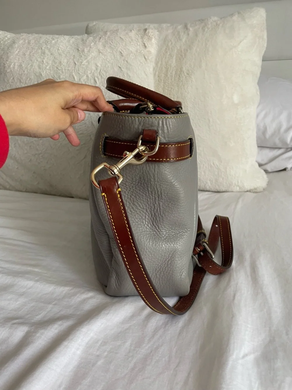 Dooney & Bourke Samba Leather Belted Shopper Satchel Gray Brown Crossbody